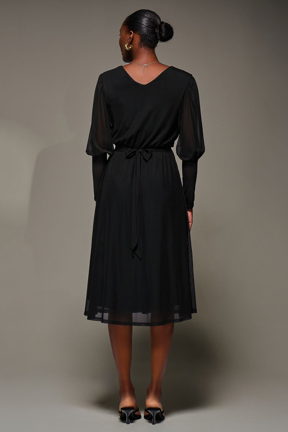Jolie Moi Mesh Long Puff Sleeve Wrap Midi Dress