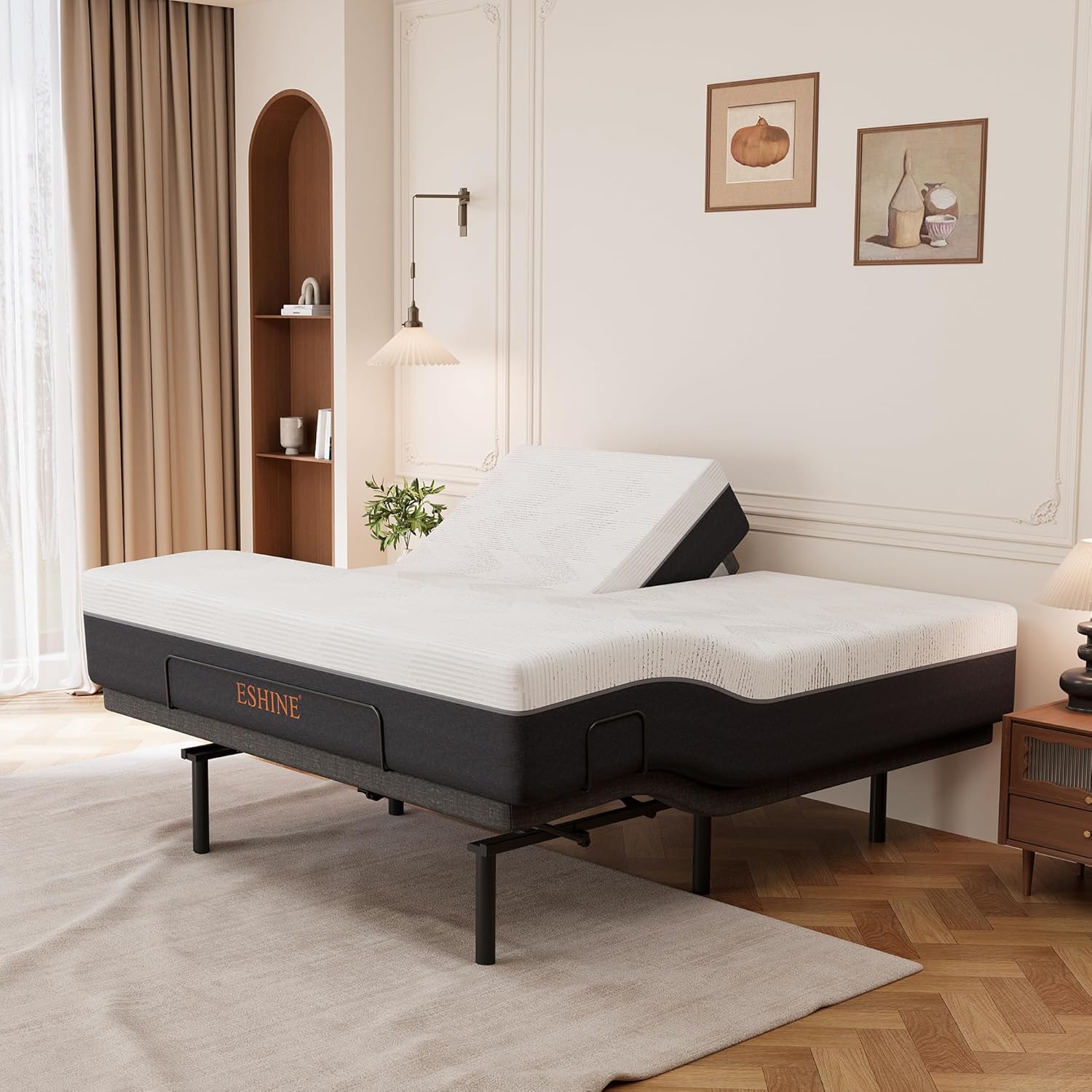 ESHINE Split Top King Adjustable Bed Frame with 14 Gel Memory Foam Mattress, Graphene Cover - Electric Upholstered Base, Massage Function, Wireless Remote, USB Ports, Under Bed Light, Grey