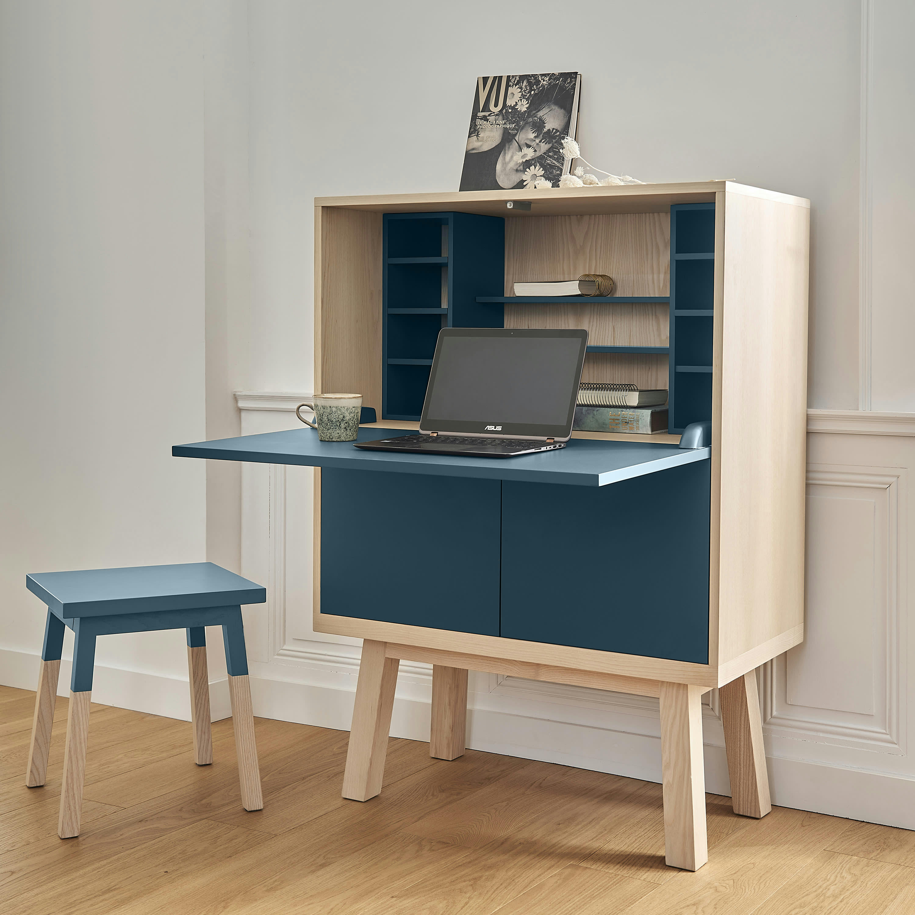 KUBE - Bureau secrétaire avec rangement de 90 cm de large, en frêne