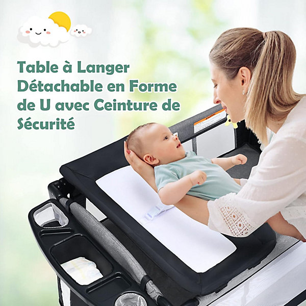 Lit Bébé 5 en 1 Pliable et Portable avec Table à Langer Fonction de Berceau Enceinte Activités Berceau Cododo Bébé Noir