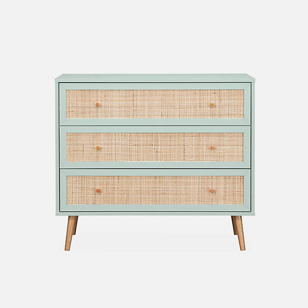 Commode en décor bois vert céladon et cannage 90x39x79cm - Bohème - 3 tiroirs