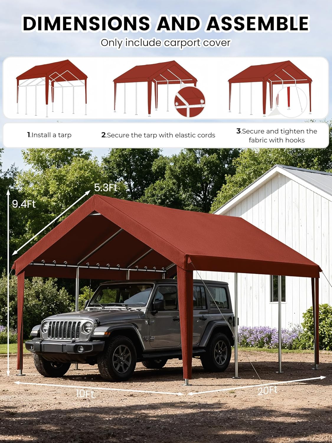 10 x 20 Ft Carport Replacement Cover, Heavy Duty Outdoor Car Tarp Canopy, Waterproof & UV Protected Tear Oxford Tarp with Ball Bungees (Frame is Not Included)