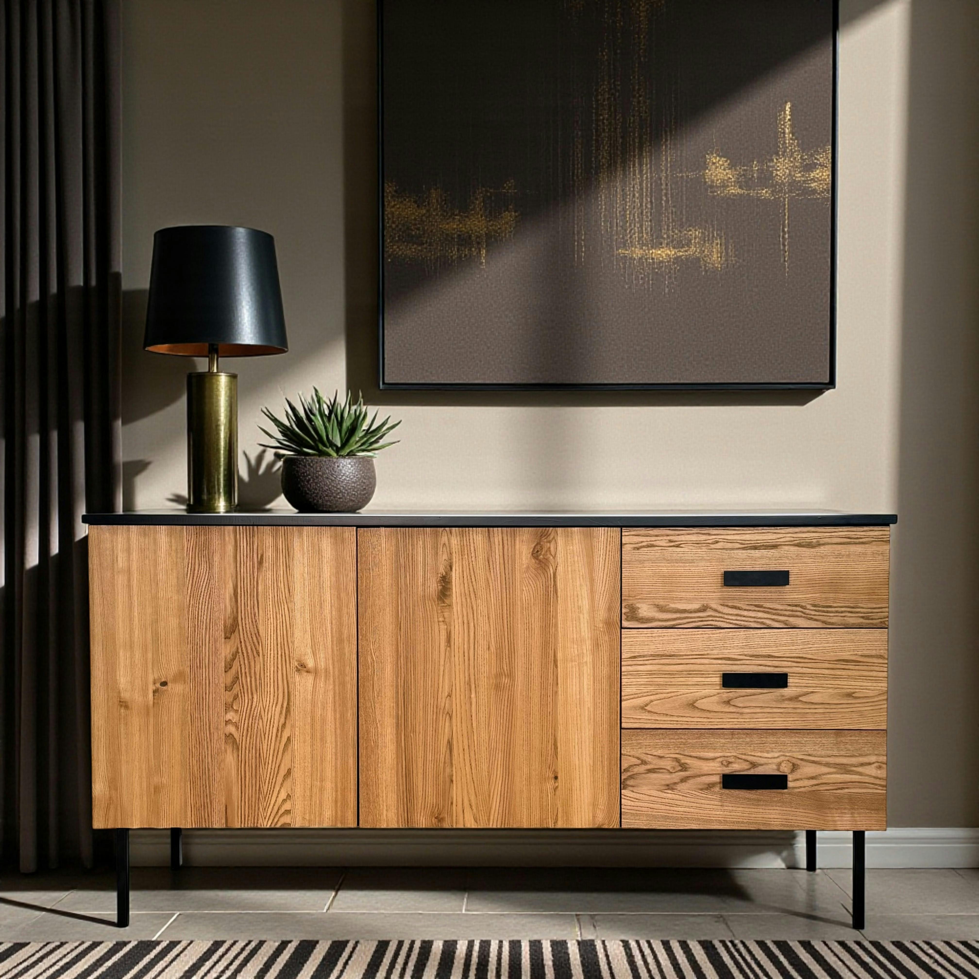 Buffet bas 2 portes en bois bicolore, façade ondulée TARAN