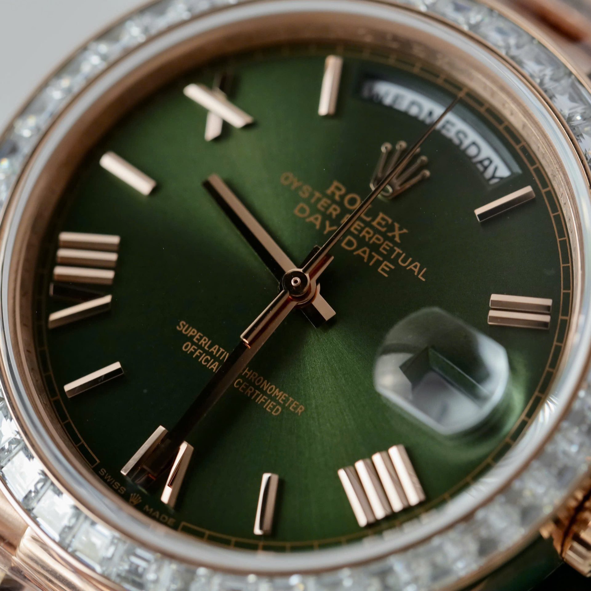 Rolex Day-Date RG Plated Green Dial Baguette Diamond 40mm Super Clone