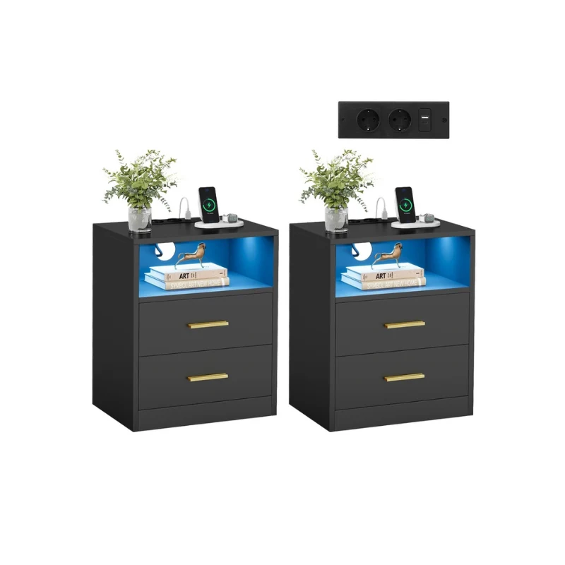 Custos Collection - Chevet avec Prise électrique, LED et Tiroir, Lot de 2