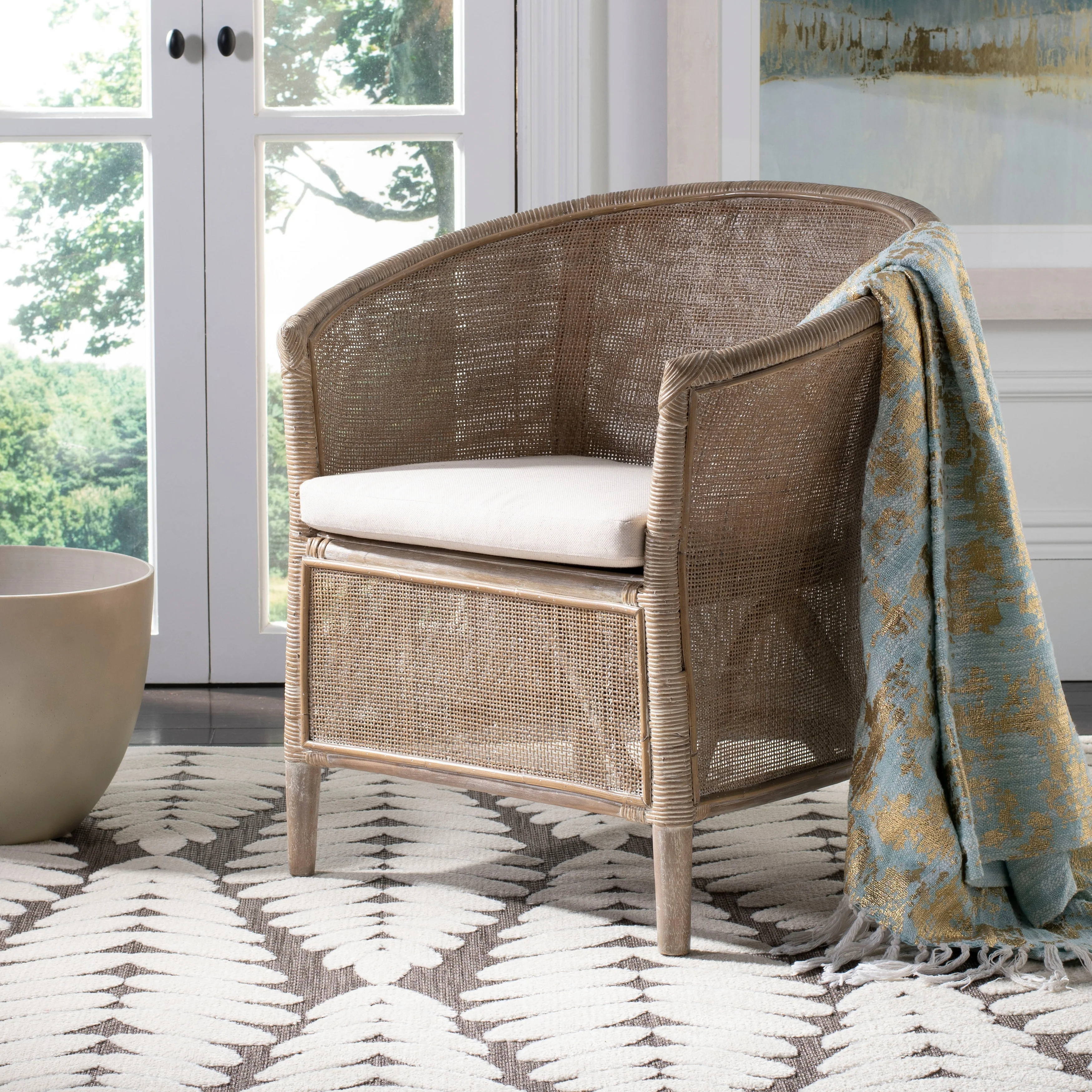 SAFAVIEH Basilina Rattan Arm Chair Washed - 31.5 x 29.9 x 25.6 - 30Wx26Dx32H