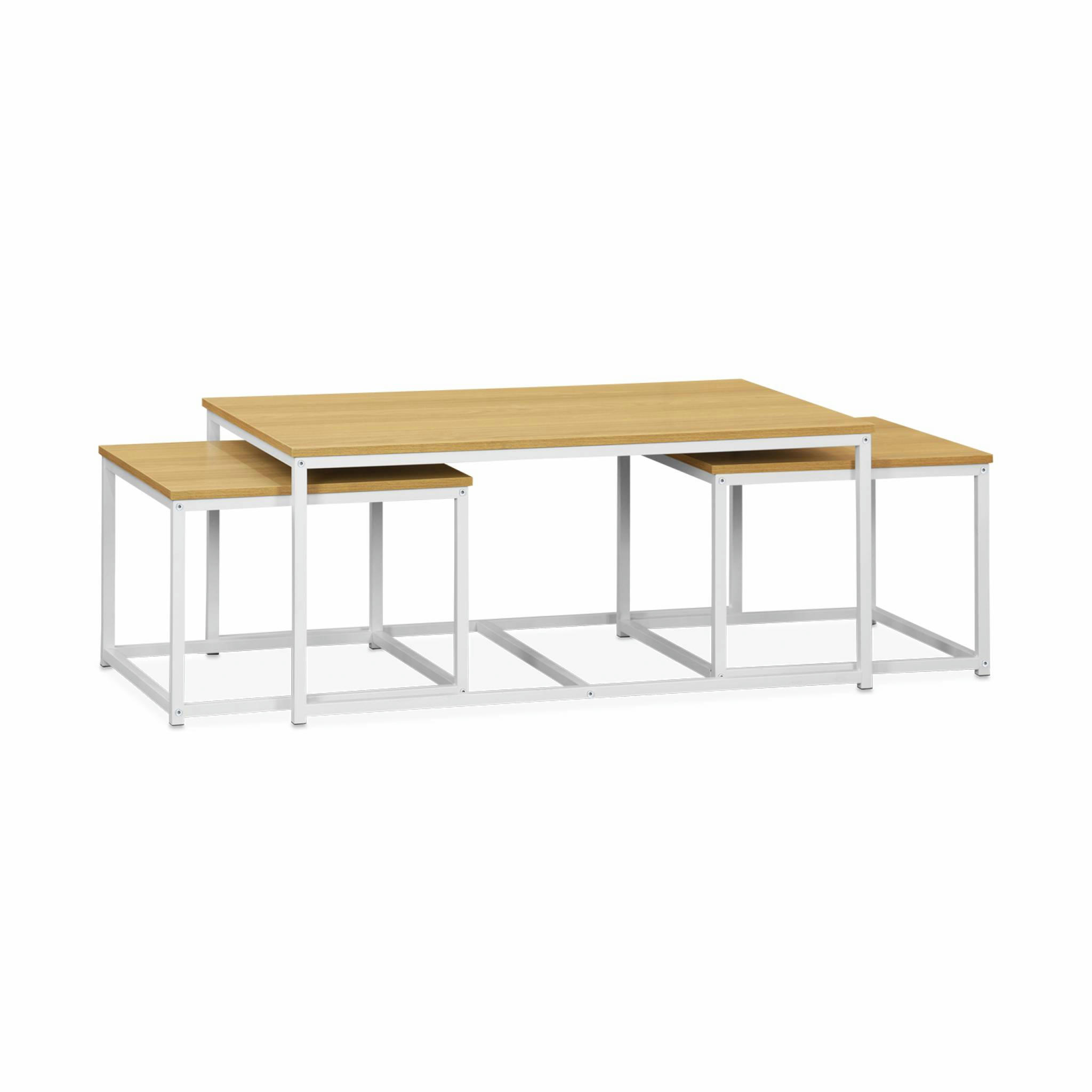 LOFT - Lot de 3 tables gigognes métal blanc mat, décor bois