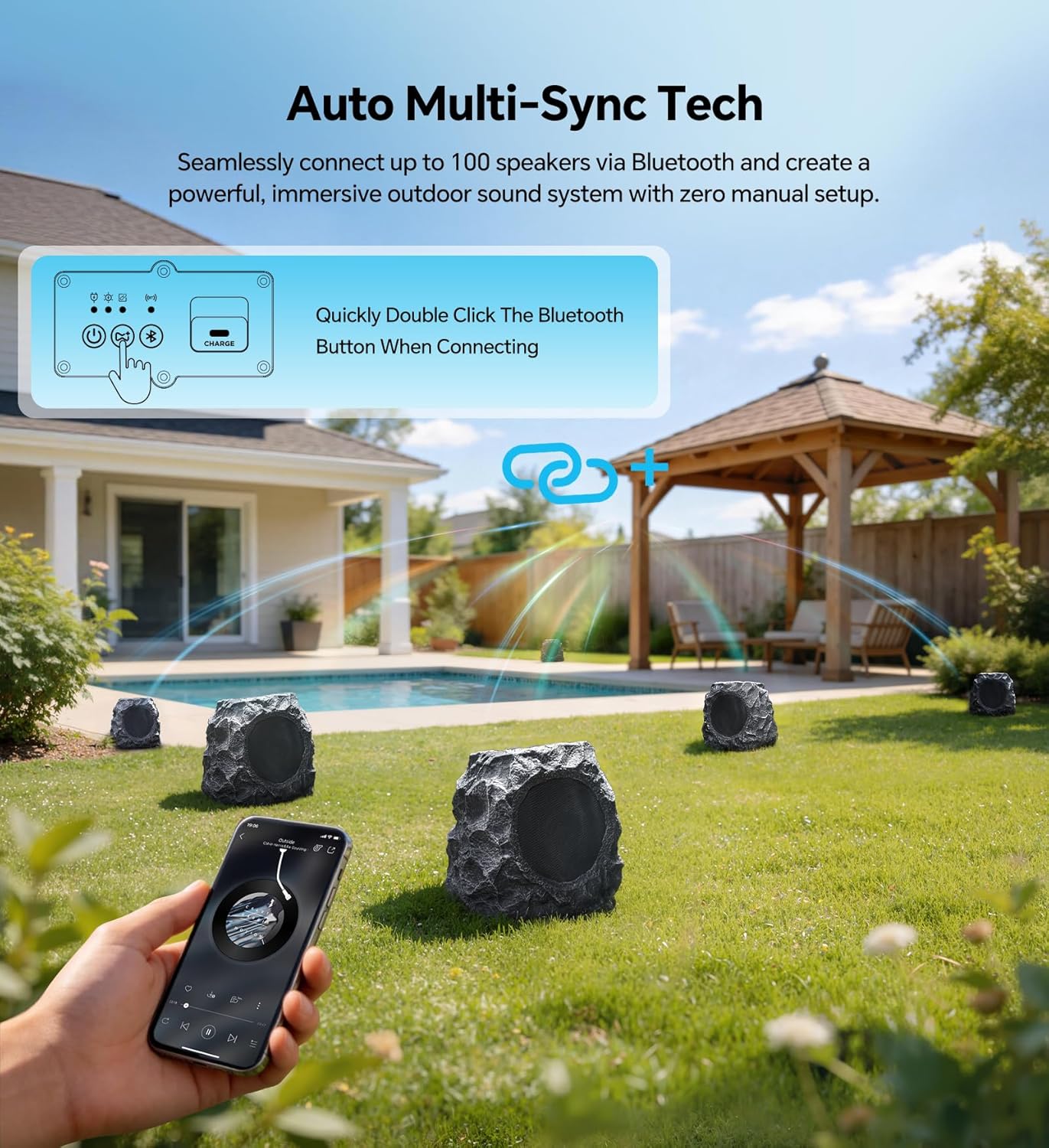 Upgraded Outdoor Rock Speaker 60W Deep Bass Multi-Sync up to 100Pcs, Remote Control, IPX7 Waterproof Solar-Powered Bluetooth Speaker Perfect for Pool, Garden, Patio, Ideal for Music Lovers - 2 Packs