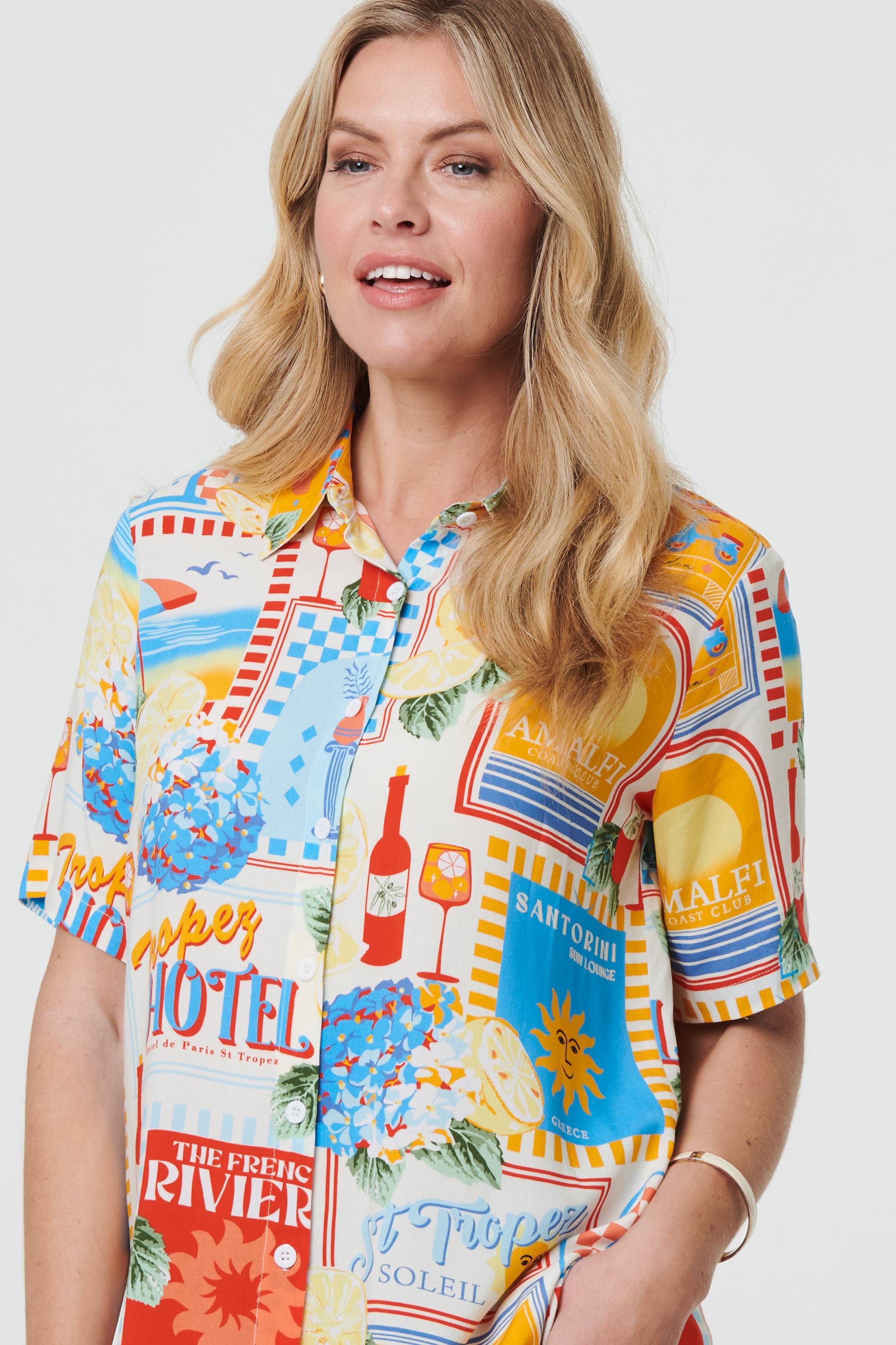 Izabel London Printed Short Sleeve Curve Hem Shirt