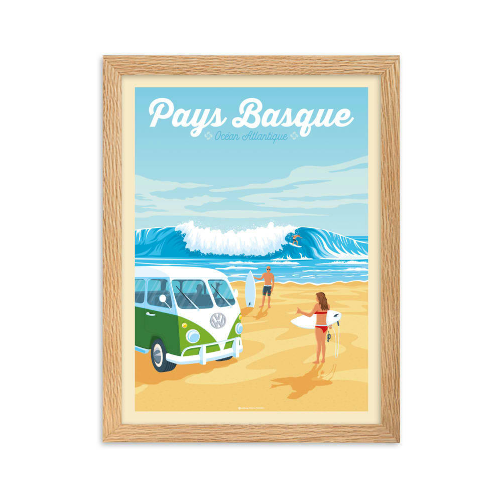 - Affiche Pays Basque France - Surf avec Cadre (Bois) 21x29,7 cm