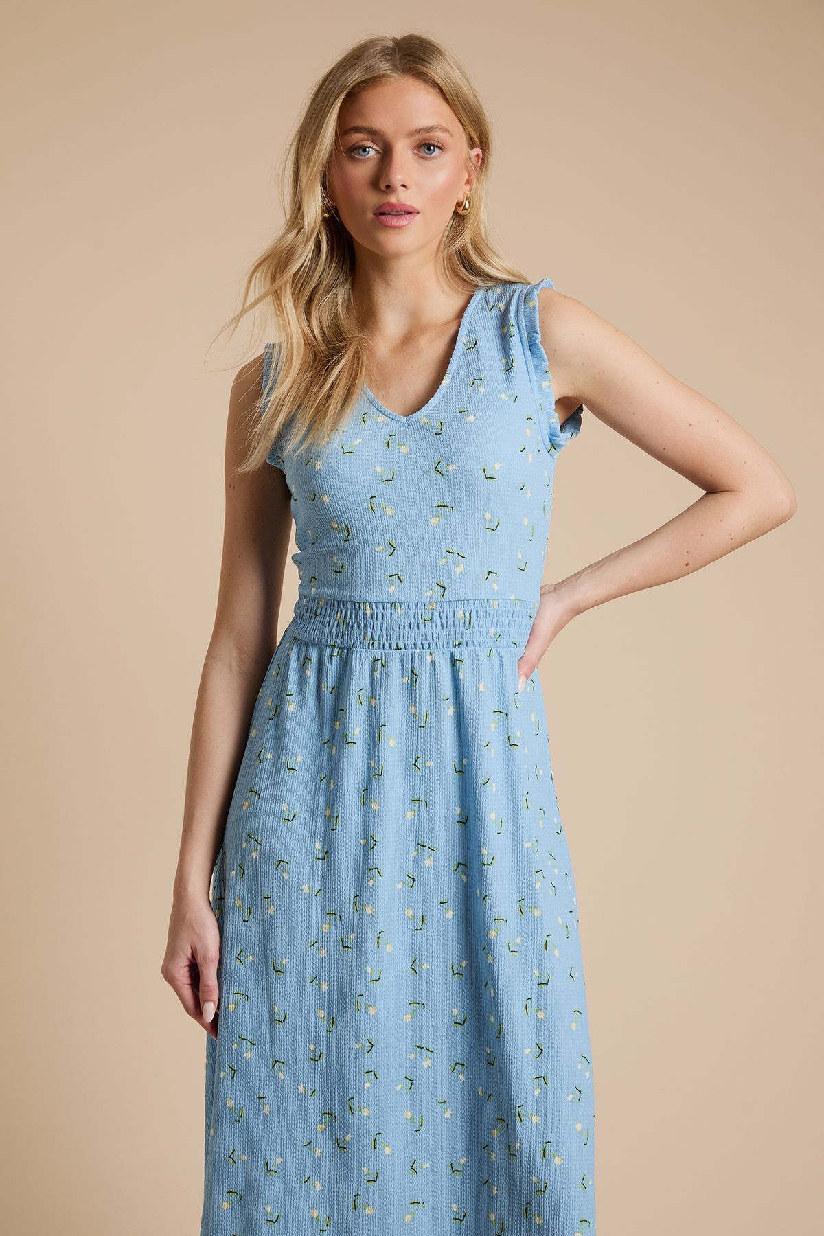 Dorothy Perkins Blue Ditsy V Neck Shirred Waist Printed Jersey Midi Dress
