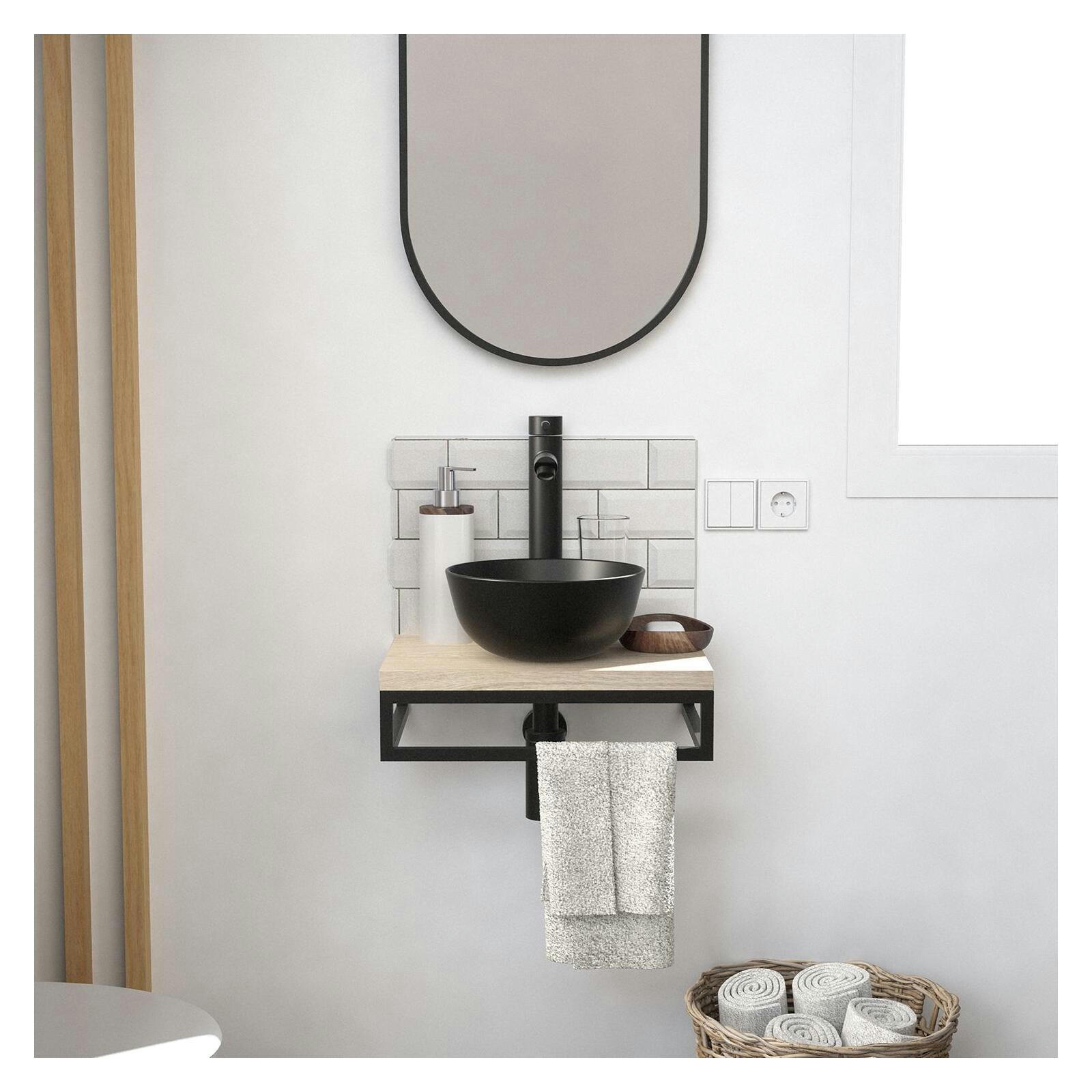 SOHO - Meuble lave-mains  plan fin p-serviette dessous vasque noire+miroir