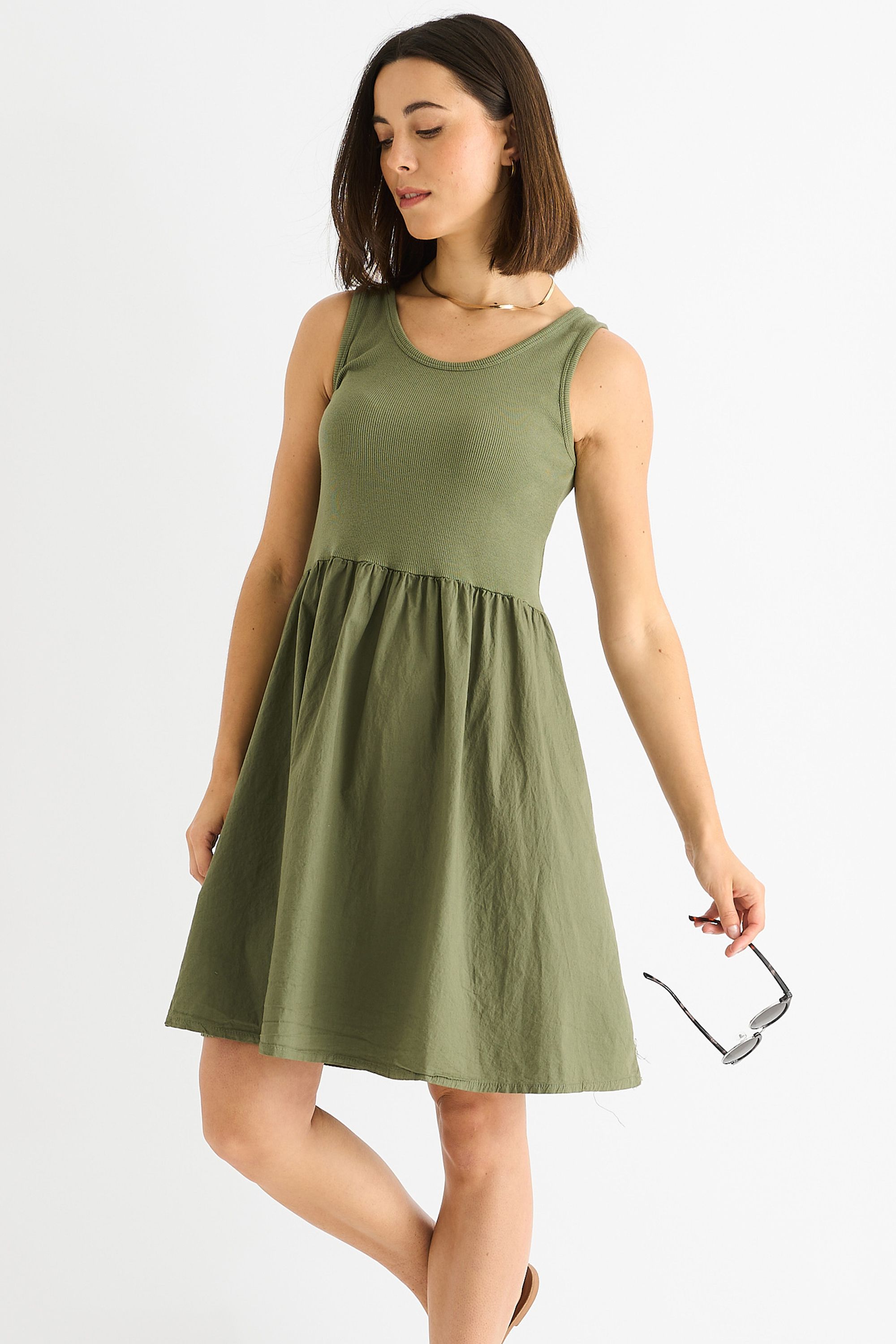 Gini London Khaki Cotton Rib Top Skater Mini Dress