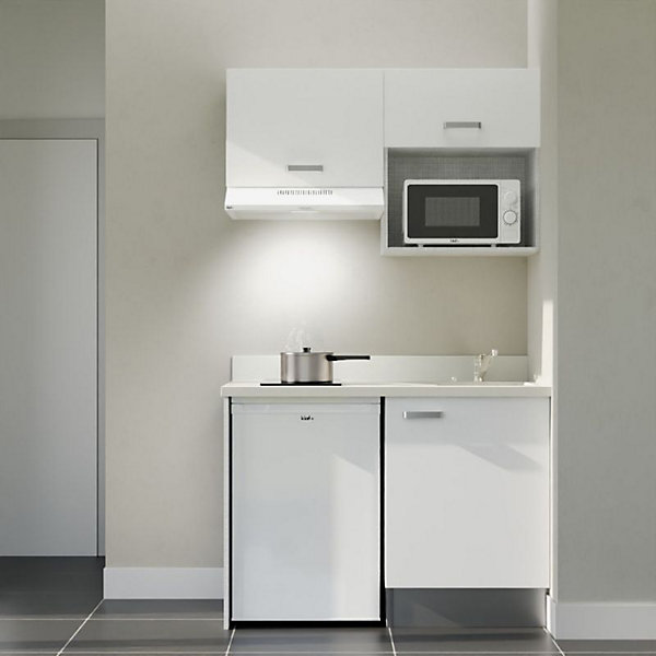 Kitchenette K02 - 120 cm - façades Blanc - Plan monobloc en quartz coloris Snova évier à droite - Electroménager Blanc