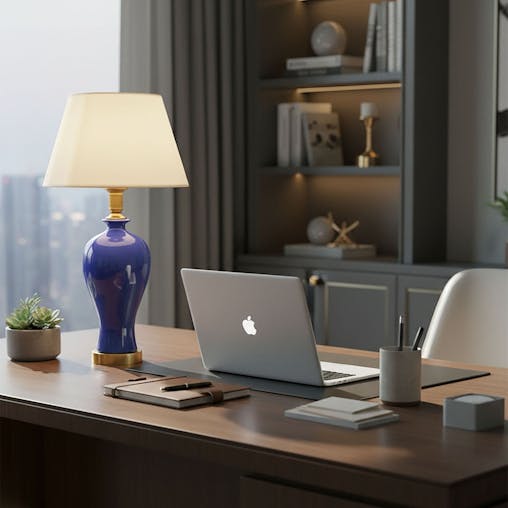 SOGA Blue Ceramic Oval Table Lamp with Gold Metal Base