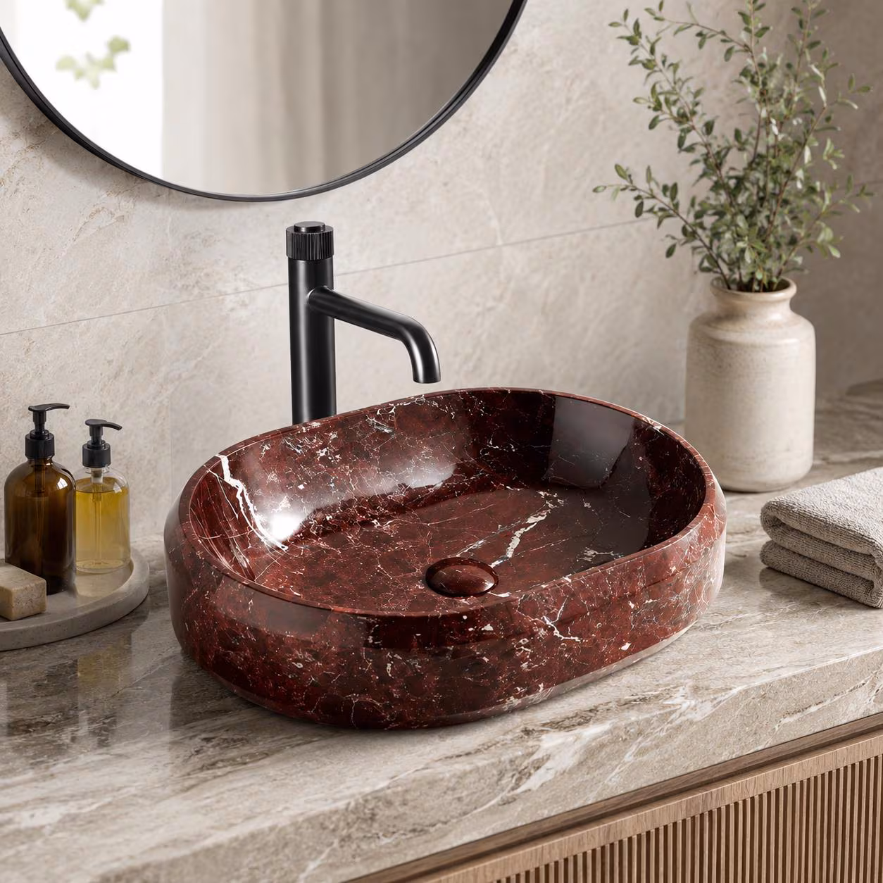 Rosso Levanto Marble Vessel Sink: Handcrafted Burgundy Red Natural Stone Bathroom Vanity Basin