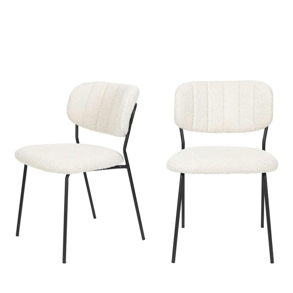 JOLIEN - Lot de 2 chaises en tissu bouclette et métal pieds noirs ecru