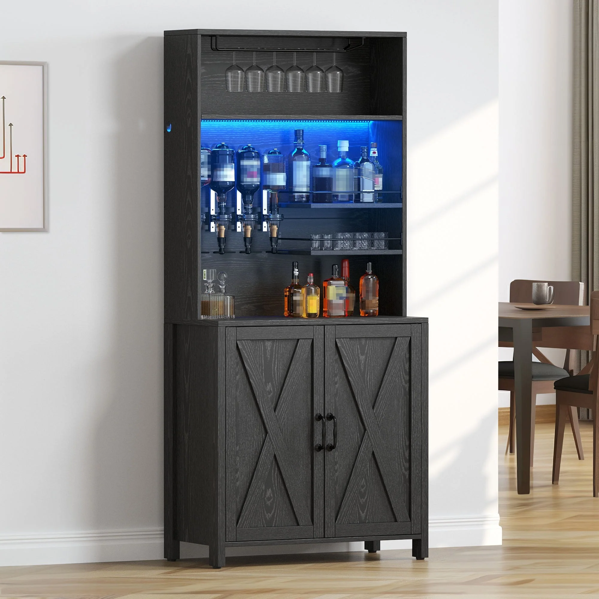 Moasis Farmhouse Bar Cabinet Wine Rack with RGB Light and Power Outlet