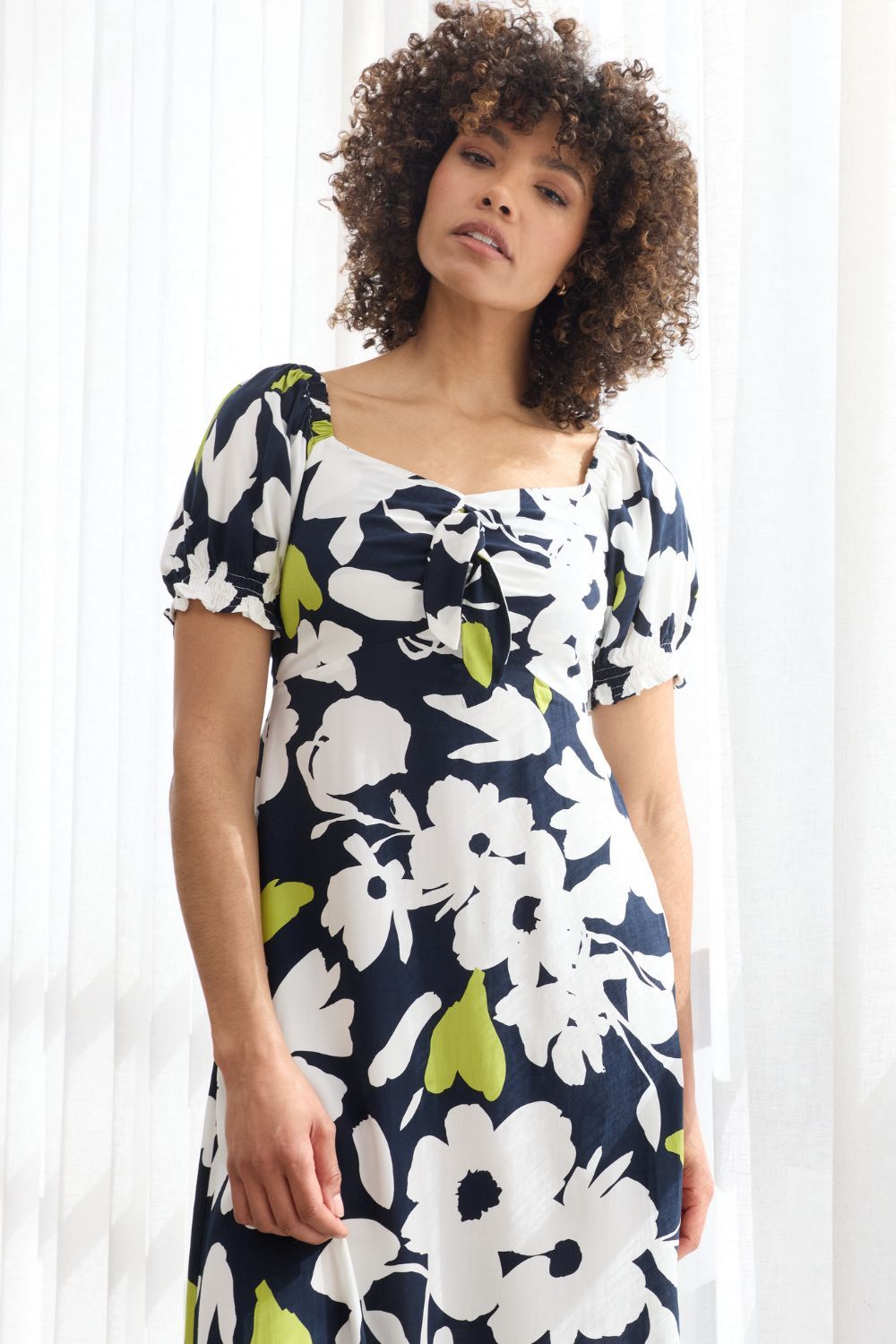 Izabel London Floral Tie Front Puff Sleeve Midi Dress