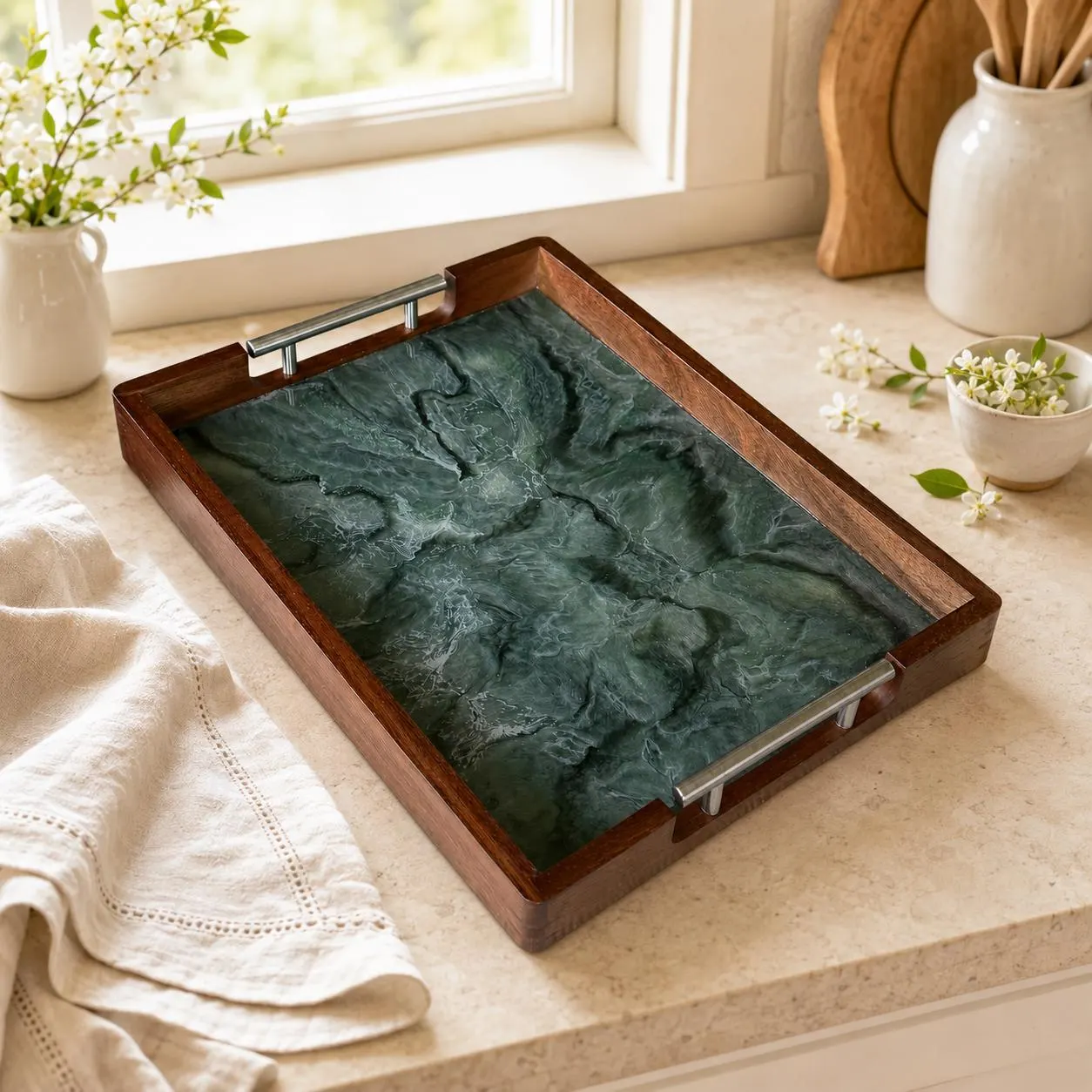 Acacia wood tray green geode design, 17x13x2 inches, hand poured food safe epoxy resin, tv tray, home decor
