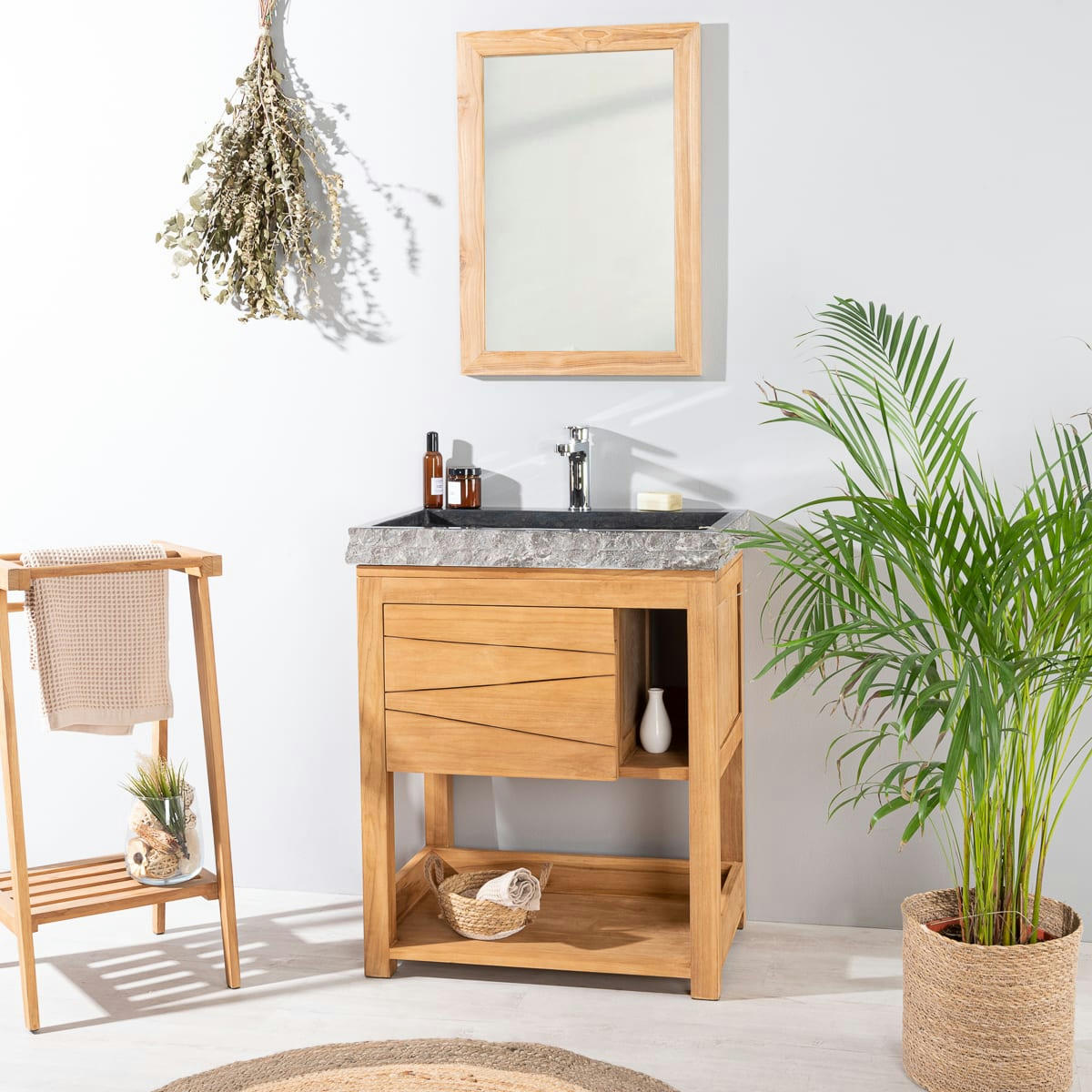 - Meuble sous vasque en teck et vasque marbre noir L67cm