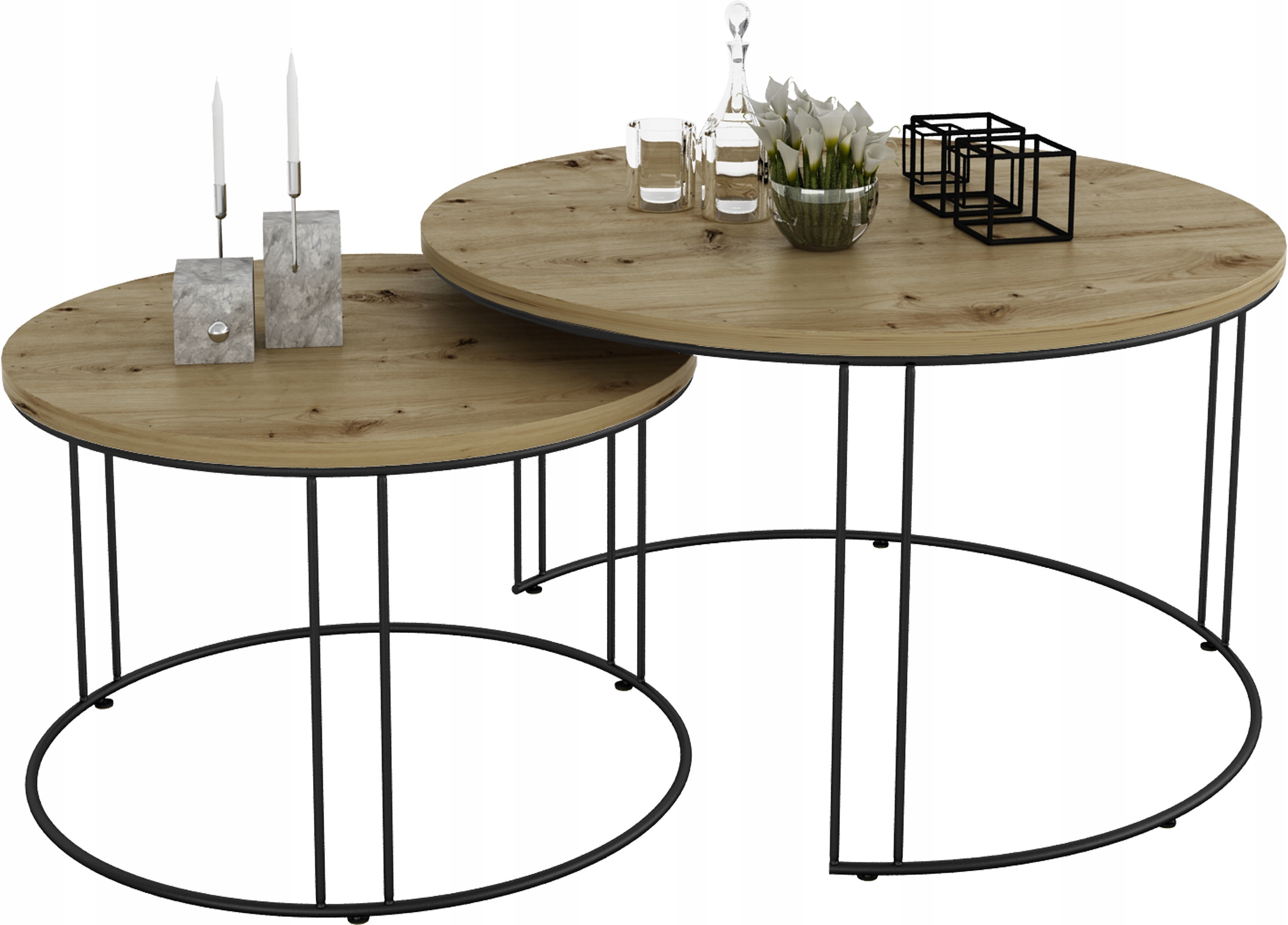 Zestaw Okrągłych Stolików Kawowych 2w1 Salon Loft Czarny Dąb Artisan