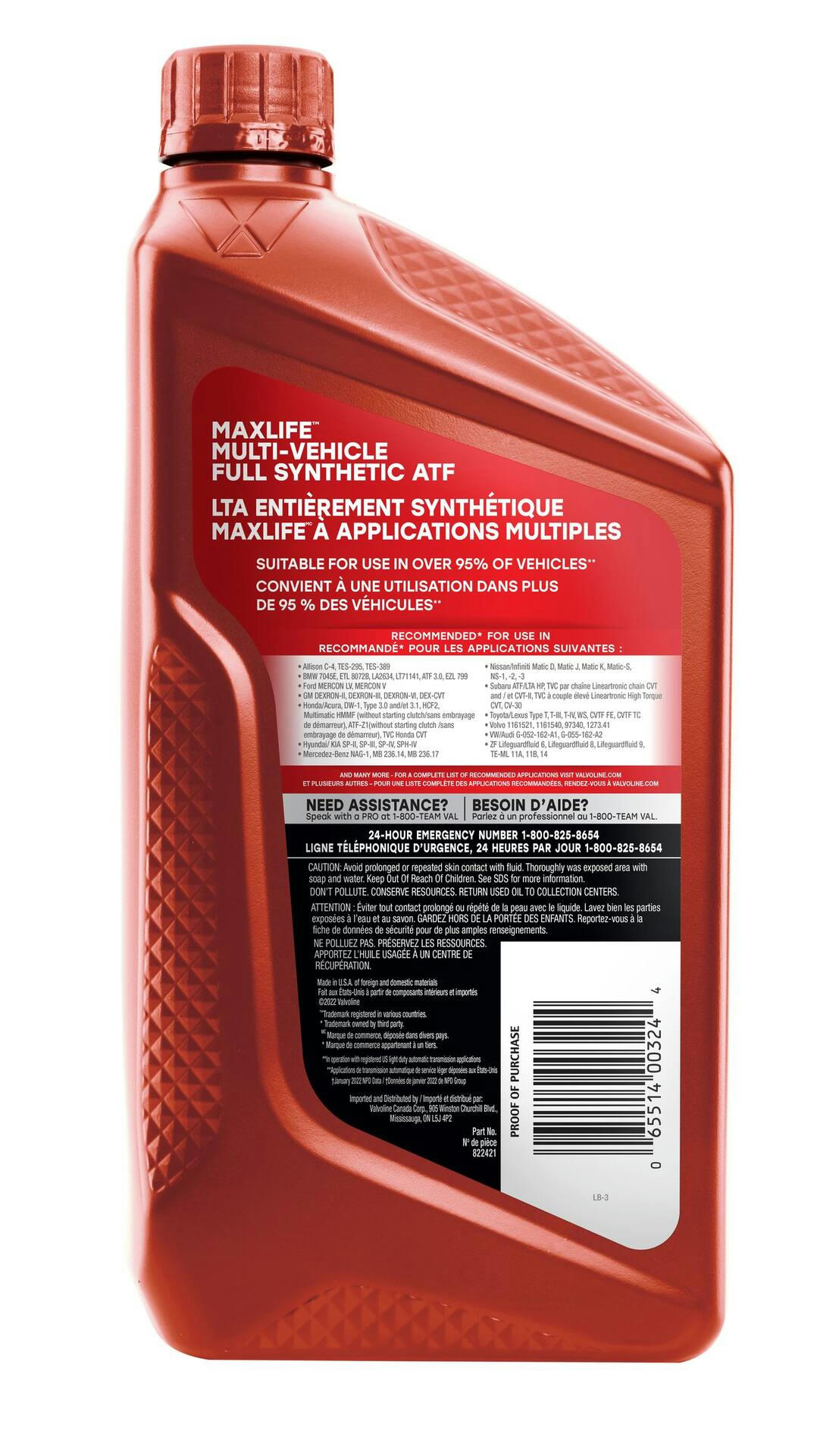 Valvoline MaxLife™ ATF Multi-Vehicle Full-Synthetic Automatic Transmission Fluid, 946-L