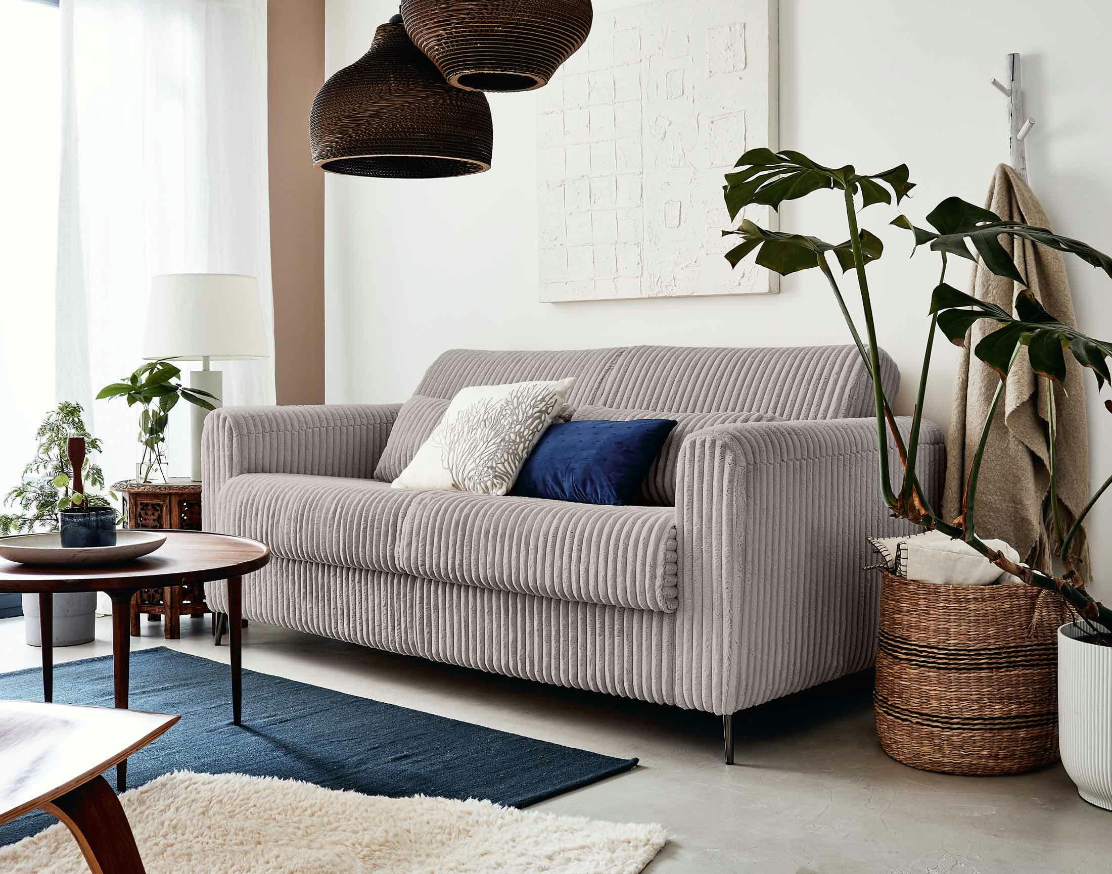 OWEN - Canapé droit convertible 2 places en velours grosses côtes gris clair