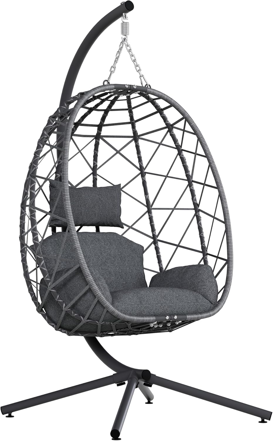 SWITTE Hanging Egg Chair with Stand, Outdoor Indoor Rattan Wicker Egg Swing Chair with Cushion, Heavy Duty Patio Hammock Chairs for Garden Backyard Balcony Bedroom, 400LBS Capacity, Dark Grey