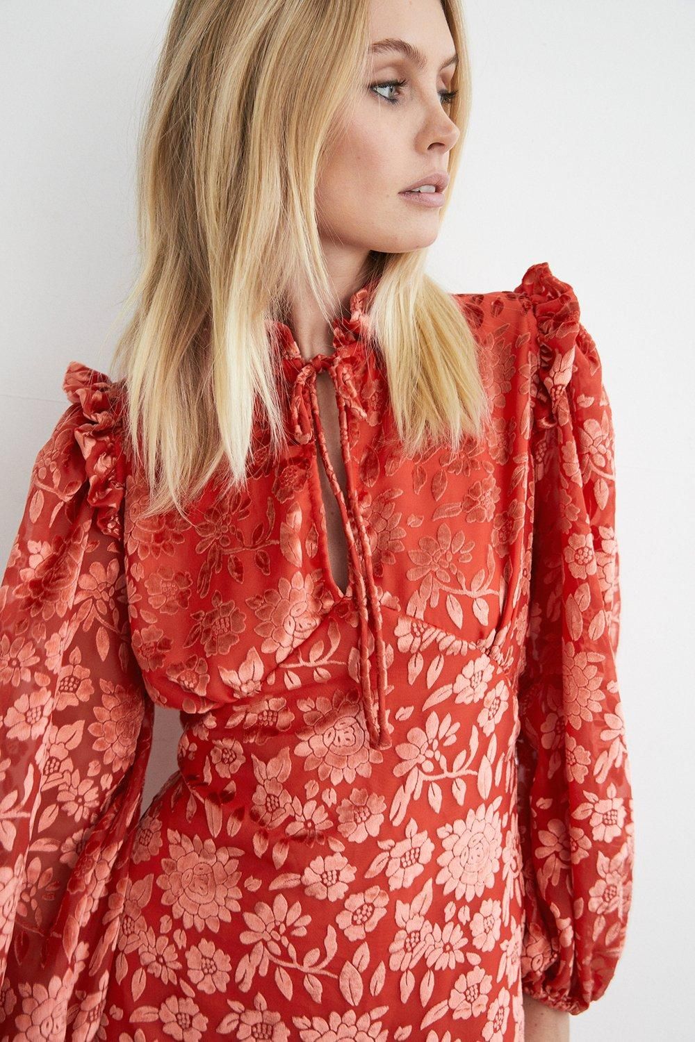 Warehouse Floral Devore Tie Neck Midi Dress