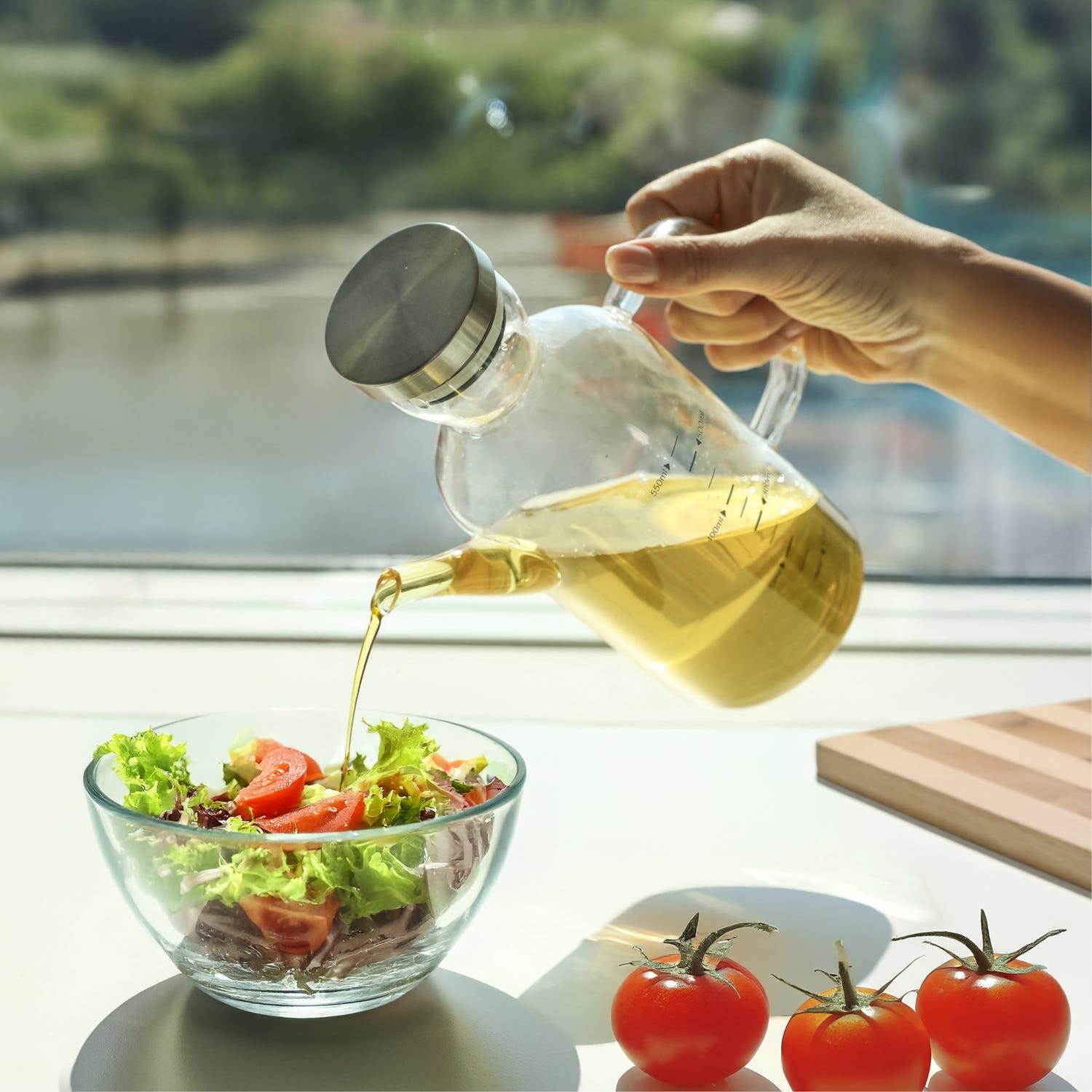 Oliera 500 ml in vetro borosilicato e tappo in acciaio inox