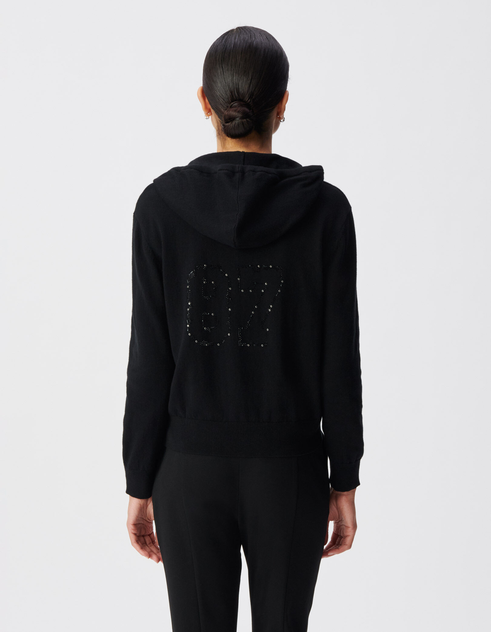 Cardigan capuche noir tricot chiffres strass dos Femme