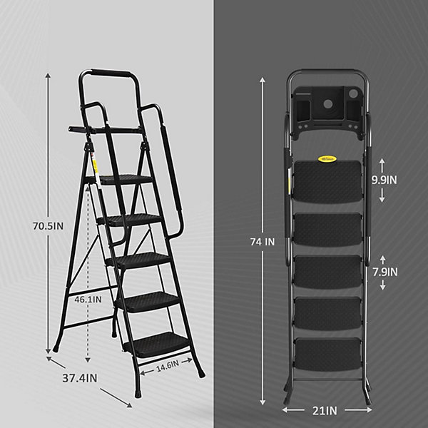 Escabeau Pliable à 5 marches avec Rampe, avec Plate-Forme à Outils, échelle Portable en Acier de 150 kg