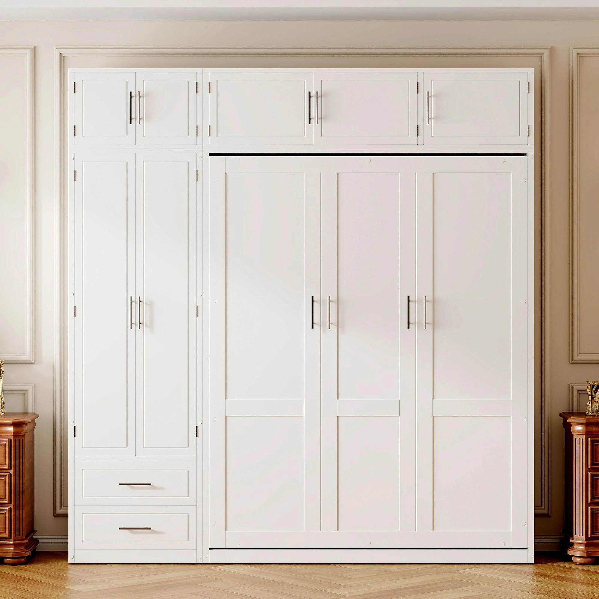 Queen Size Wall Murphy Bed with Top Cabinet,Shelves and Wardrobe,Space Saving Foldable Bed,White