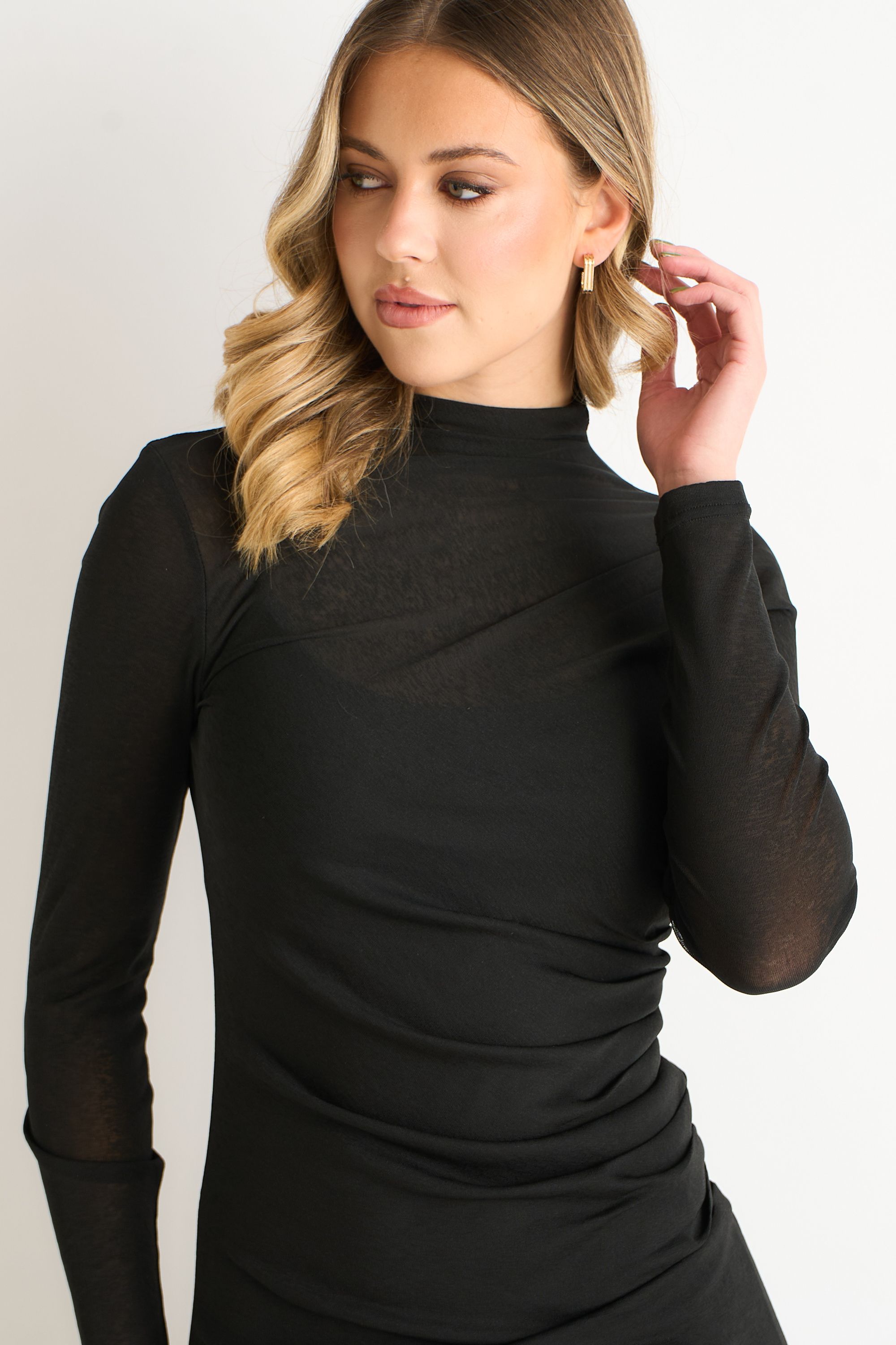 Gini London Black Ruched Jersey Long Sleeves Midi Dress