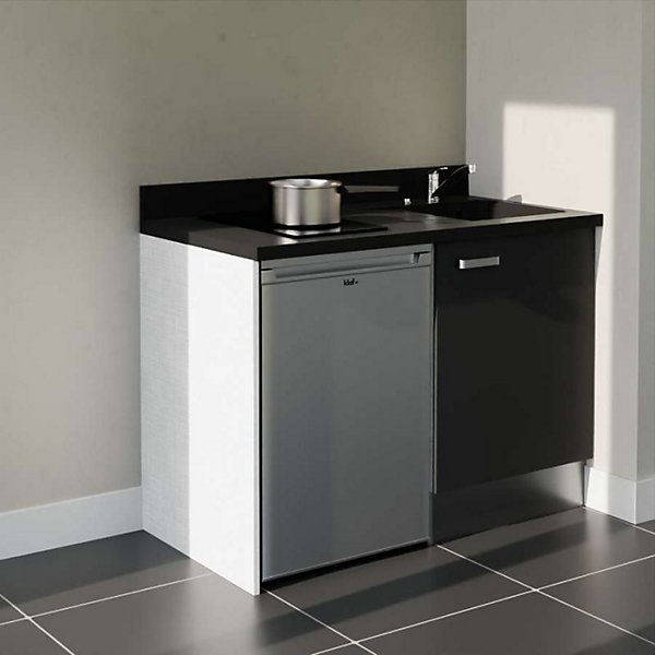 Kitchenette K08 - 120 cm - façades Noir - Plan monobloc en quartz coloris Nero évier à droite - Electroménager Inox