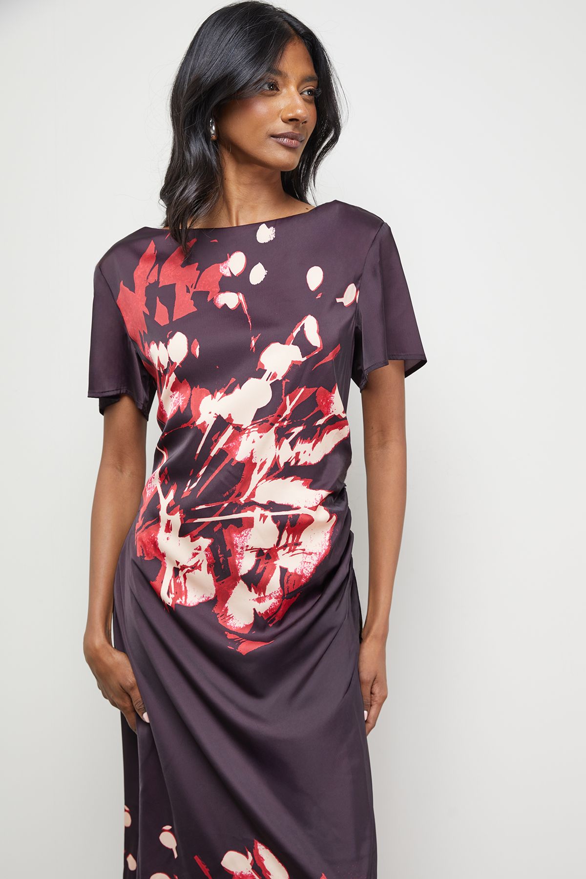 Warehouse Placement Print Crinkle Satin Ruched Midi Dress