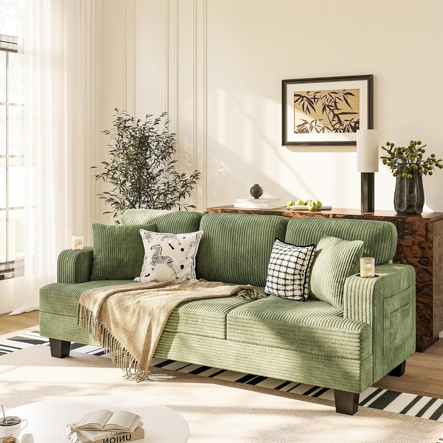 Homall Couches for Living Room, 83 Couch with Soft Deep Seats, Modern Sofa 3 Seater in Corduroy for Apartment, Bedroom (Olive Green)