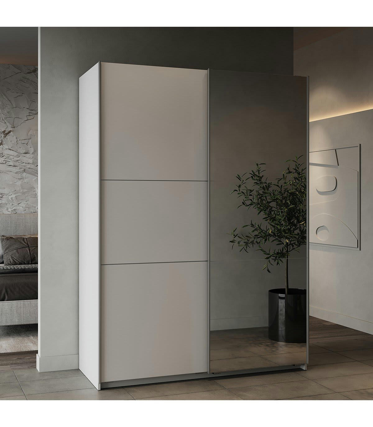 GHOST - Armoire 2 portes coulissantes et miroir - L148 cm
