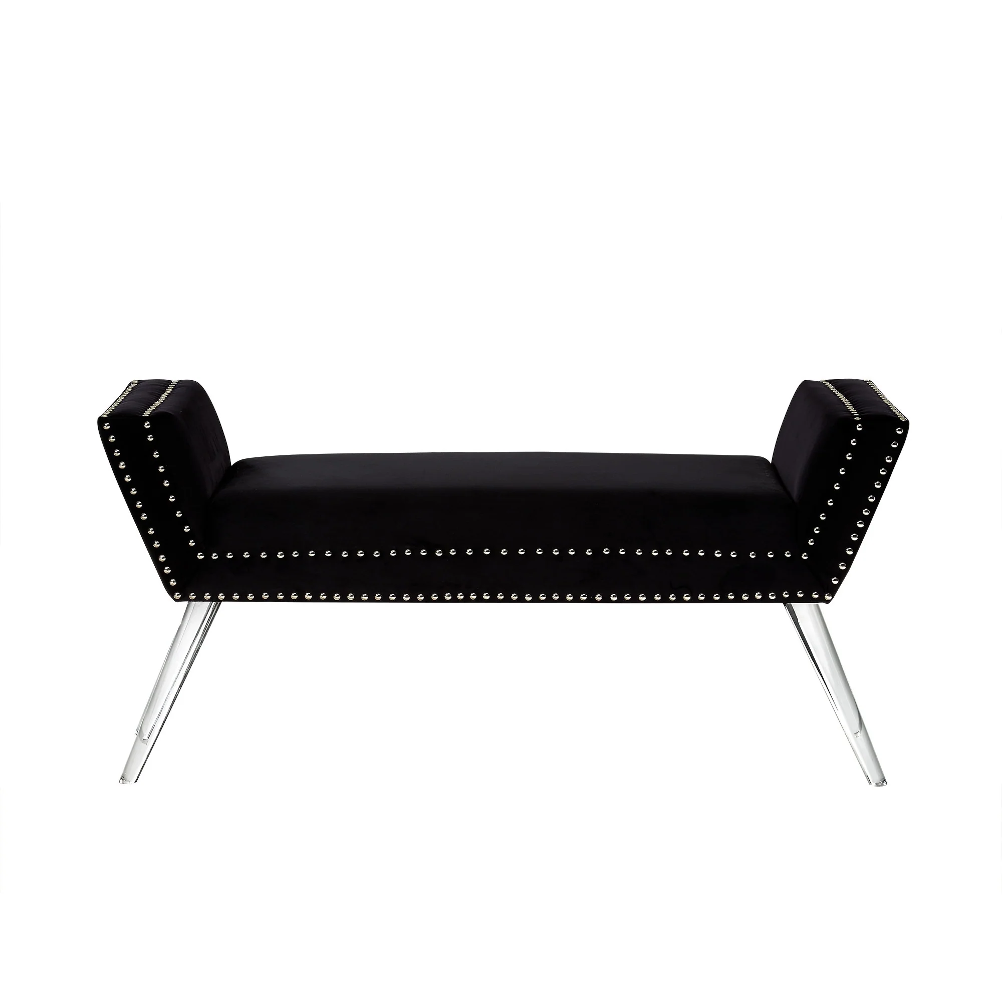 Black Velvet Upholstered Bench Clear Acrylic Legs Nailhead Trim Arms - 16.8” D x 44.5” W x 20.5” H