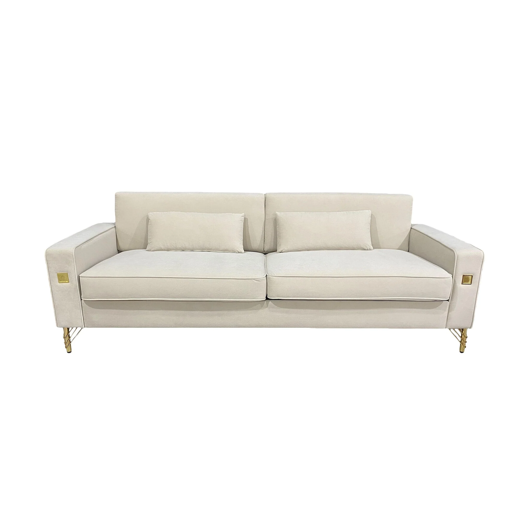Cream White Modern 85.63 Velvet 3-seater Sofa with Gold Accents and Plush Cushions for Living Room