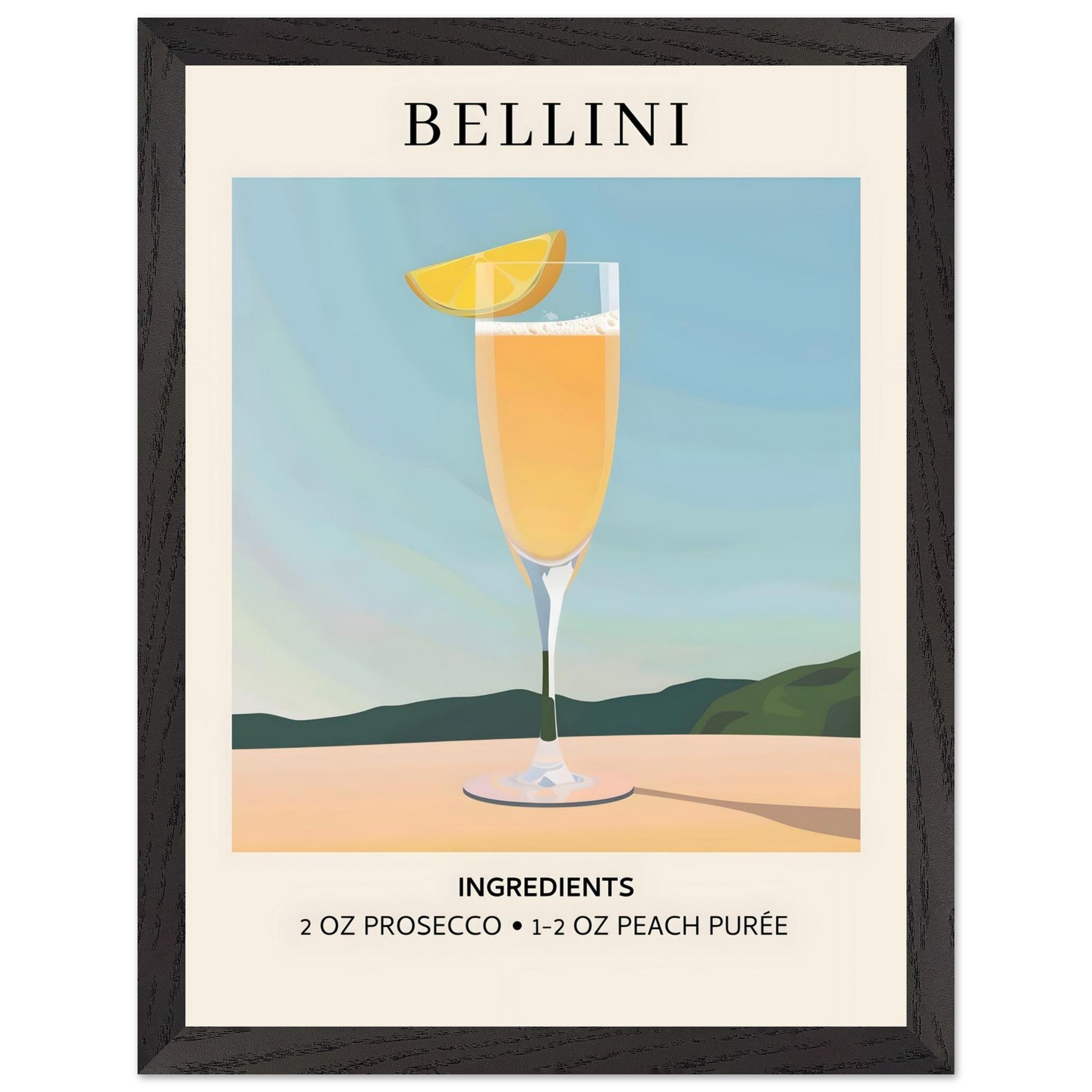 Artfulprints Poster met Lijst Bellini cocktail - Ingrediënten  - 30x40 cm - Geel