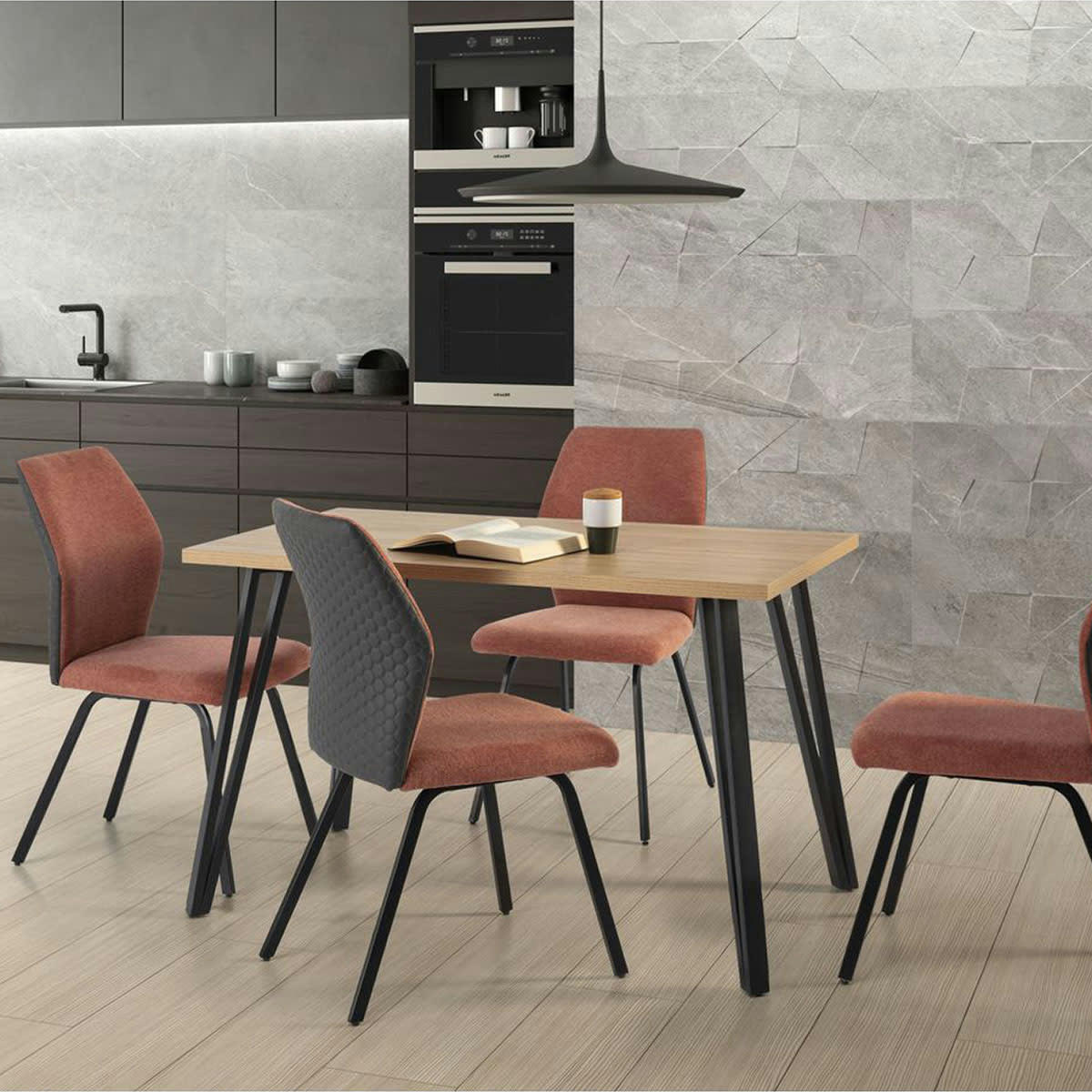 GARANCE - Lot de 4 chaises en tissu orange corail et simili cuir