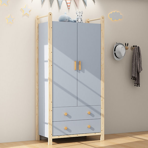 Armoire 90x45x180 cm avec penderie et 2 tiroirs, cadre en pin et corps bleu, style naturel moderne