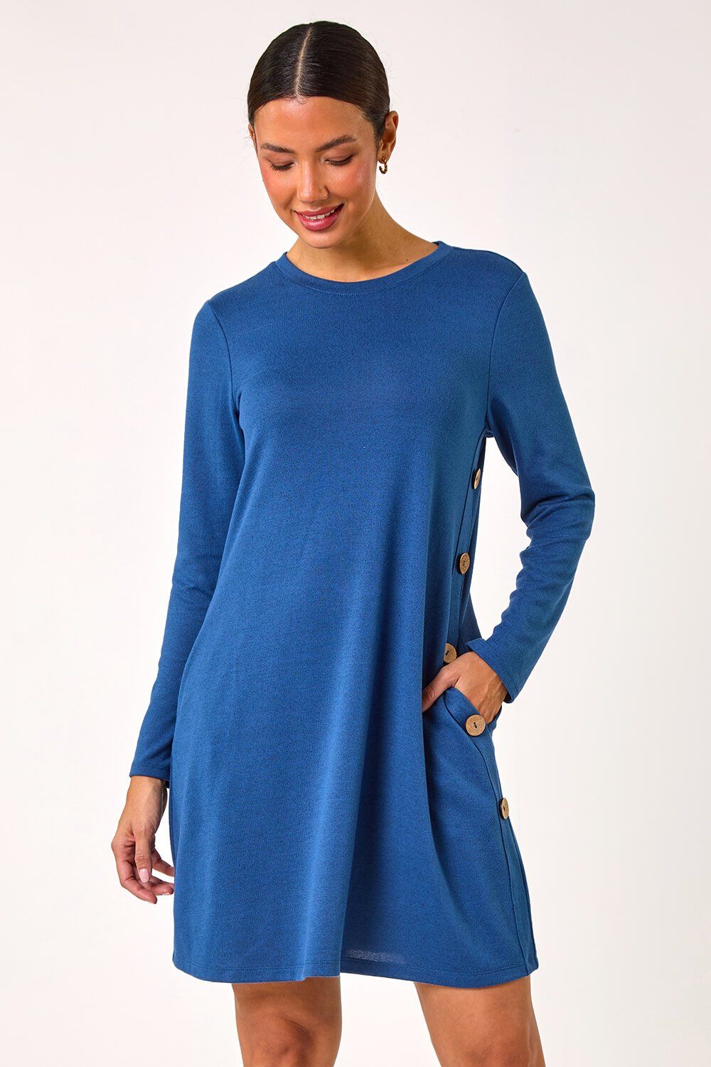 Roman Side Button Detail Stretch Swing Dress