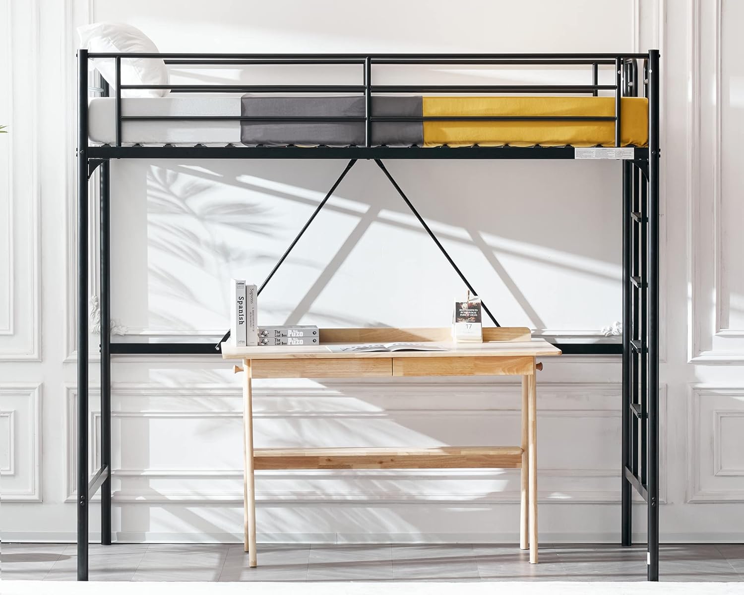 VINGLI 71 Inches Tall Loft Bed Twin Size with Flat Ladder Rung for Kids Teens Adults Heavy Duty Metal Single Bunk Bed Loft with Safety Guard Rails for Small Space, Black