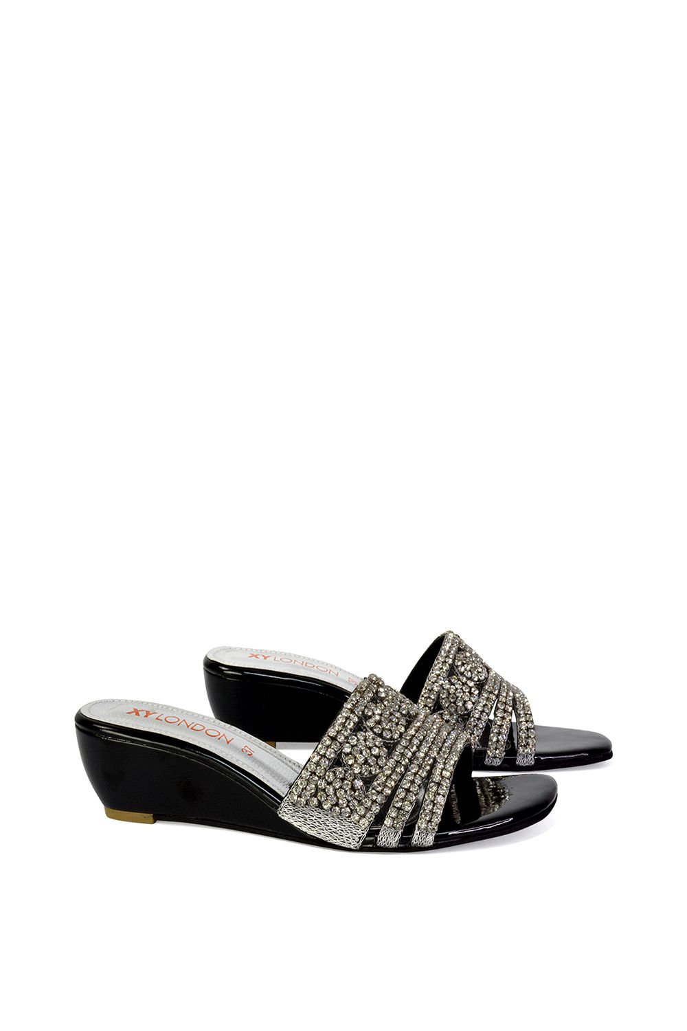 XY London Olive' Square Toe Embellished Diamante Wedge Heel Sandal