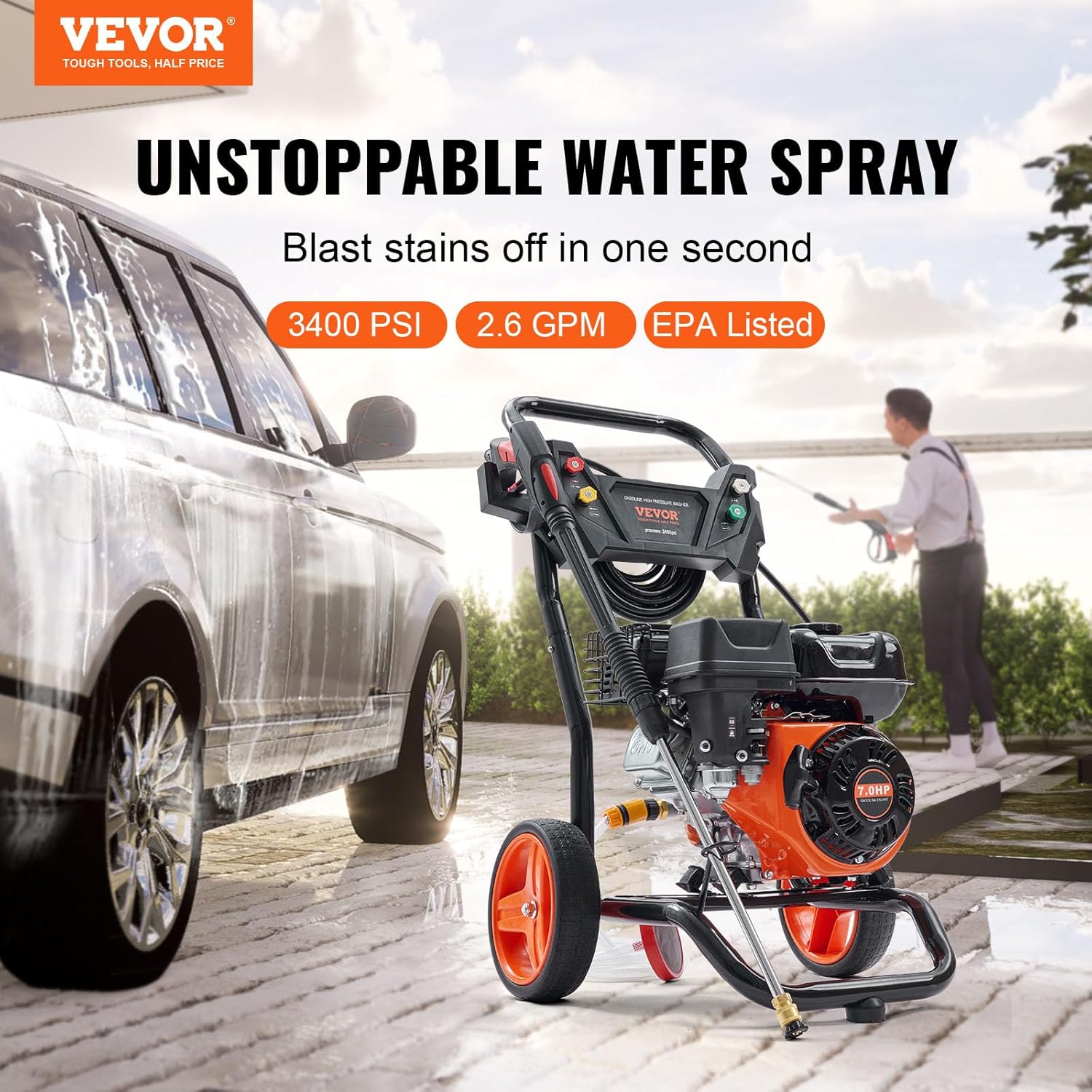 VEVOR Gas Powered Pressure Washer 3400 PSI 2.6 GPM  with Spray Gun and Extension Wand  5 Quick Connect Nozzles  Copper Pump