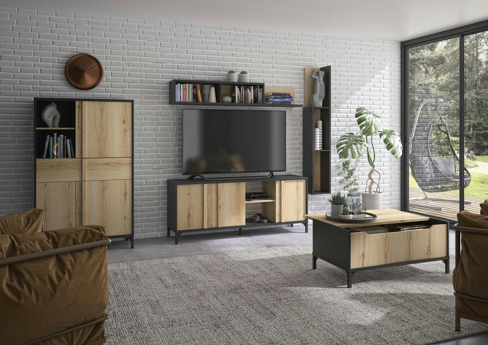 GARLONE - Etagère murale effet bois clair et noir