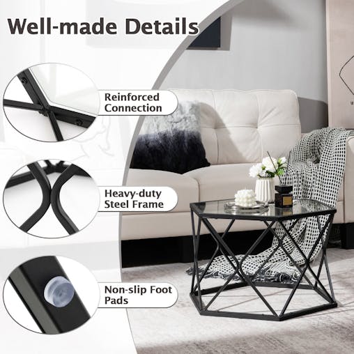 NNECW Geometric Coffee Table with Tempered Glass Top & Metal Legs